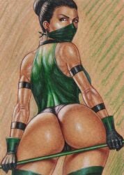 ass athletic athletic_female black_hair bubble_butt busty edithemad female female_focus female_only hourglass_figure jade_(mortal_kombat) leotard long_hair mortal_kombat pinup pinup_pose tagme thong_leotard wide_hips