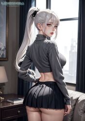 ai_generated ass_cheeks curvy_female curvy_figure female female_focus female_only freckles hi_res huge_breasts long_hair miniskirt original_character ponytail stable_diffusion voluptuous white_hair winesnow