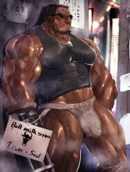 abs bara barret_wallace big_muscles big_pecs black_hair blush bulge chest_hair daddy dark-skinned_male dark_skin dilf dog_tags final_fantasy final_fantasy_vii hair human jockstrap male male_only muscular muscular_human oyatu55k pecs shirt solo stubble sunglasses sweat tank_top underwear