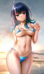 1girls absurdres ahoge aqua_eyes arm_behind_back beach besmiled bikini blue_bikini blue_hair blush breasts closed_mouth cloud cloudy_sky colored_tips commentary_request commission cowboy_shot dark_blue_hair fate/grand_order fate/requiem fate_(series) glint gradient_hair hair_ornament hand_up highres hip_focus lens_flare looking_at_viewer medium_breasts medium_hair multicolored_hair navel pixiv_commission raised_eyebrows side-tie_bikini_bottom skindentation sky solo stomach striped striped_bikini sunset swimsuit utsumi_erice water water_drop