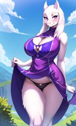 2d 2d_(artwork) 2d_artwork ai-chan42069 ai_generated anthro blush boss_monster bovid bovine breasts cleavage color dress dress_lift furry horn horns large_breasts mammal nipples panties purple_eyes stable_diffusion tagme toriel undertale undertale_(series) white_fur white_horn