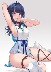 1girls arm_behind_head arm_up armpits bare_shoulders black_hair blue_eyes blue_ribbon blush breasts collarbone detached_leggings dress fate/grand_order fate/requiem fate_(series) highres jewelry large_breasts looking_at_viewer magatama magatama_hair_ornament medium_hair multicolored_hair necklace open_mouth pak_ce pelvic_curtain pink_hair ribbon seigaiha short_dress sideboob sideless_outfit sitting sleeveless sleeveless_dress streaked_hair thighs utsumi_erice wariza white_dress white_legwear