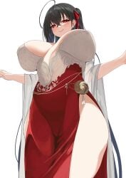 1girls ahoge azur_lane black_hair breasts clothed clothing curvaceous curves female female_only large_breasts light-skinned_female light_skin long_hair looking_down red_eyes sakura_empire_(azur_lane) solo taihou_(azur_lane) tnr_(horiko1525) wide_hips