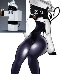 1girls ass big_ass big_breasts black_hair black_skin breasts commission dimitrigen female long_hair long_sleeves nude pussy reference_image roblox roblox_avatar robloxian sitting solo solo_female solo_focus source_request sweater tagme tail white_eyes white_shirt