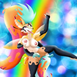 4_arms anthro anthro_only bee female female_only fingers furry helluva_boss large_breasts masturbation multi_arm multi_limb naked_female nipples nude pussy queen_bee queen_bee-lzebub_(helluva_boss) rainbow rainbow_hair tail