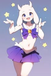 2d 2d_(artwork) 2d_artwork ai_generated ai_hands blue_eyes blush blushing bowtie bra color fucked_up_ai_fingers horns mouth_open open_mouth plain_background pov pov_eye_contact purple_clothing skirt smile smiling smiling_at_viewer tagme thighs toriel undertale undertale_(series) white_fur