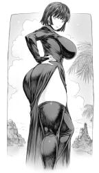 1girls 2020s 2023 anime_style ass bangs bent_knee big_breasts black_and_white boobs_and_butt_pose breasts busty butt_crack_outline clouds curvaceous curves curvy curvy_body curvy_female curvy_figure dress_slit esper eyebrows eyelashes female form_fitting fubuki_(one-punch_man) full_body full_figured fully_clothed hand_on_hip huge_breasts manga manga_style mogudan monochrome no_color one-punch_man outside palm_trees pose posing rocks round_ass round_butt short_hair side_view sideboob slight_smile slim_thick slim_waist smile standing thick thick_ass thick_legs thick_thighs thigh_highs thighhighs thighs thin_eyebrows thin_waist thunder_thighs thunderthighs voluptuous voluptuous_female