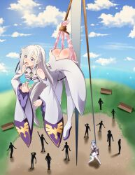 ass ass_focus ass_up blue_hair blush elf emilia_(re:zero) exhibitionism female hanging_by_underwear in_public pole re:zero_kara_hajimeru_isekai_seikatsu rem_(re:zero) silver_hair wedgie