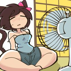 bow brown_fur brown_hair cat_ears cat_girl cat_humanoid cat_tail catgirl closed_eyes cooling_off crossed_legs electric_fan fan feline female female_focus female_only inside jek_korpen legs open_mouth pink_bow shorts sitting solo solo_female sweat sweatdrop sweating sweaty thick_thighs thighs