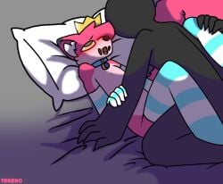 2boys anal armwear bed bedroom_sex big_tail chessy_(zylenox) crown cute cute_face femboy fox furry gay geometry_dash looking_pleasured looking_up male/male male_penetrated male_penetrating missionary missionary_position pink_fur sex sex_on_bed striped_armwear striped_legwear thighhighs veneno yellow_eyes