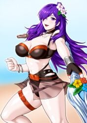 1girls alternate_costume bare_thighs beach bikini black_bikini black_swimsuit breasts choker cleavage covered_nipples female female_only fingerless_gloves fire_emblem fire_emblem:_three_houses fire_emblem_heroes fire_emblem_warriors:_three_hopes flower gloves hair_flower hair_over_one_eye large_breasts long_hair looking_at_viewer nintendo ocean official_alternate_costume open_mouth outdoors purple_eyes purple_hair rakusai_(saisai_garou) shez_(female)_(fire_emblem) shez_(female)_(summer)_(fire_emblem) shez_(fire_emblem) single_glove skirt smile solo swimsuit sword thick_thighs thighs weapon whistle