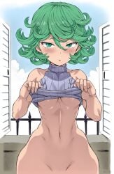 1girls big_breasts blush bottomless color eyebrows eyelashes female female_only gonzalo_costa green_eyes green_hair hip_dips lifting_shirt light-skinned_female light_skin looking_at_viewer mogudan one-punch_man presenting shirt short_hair solo solo_female solo_focus sweater_vest tatsumaki toned toned_female turtleneck_sweater underboob