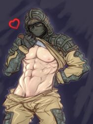 1boy abs caco-bro digital_art hand_behind_back happy_trail heart kapkan_(rainbow_six) knife lifting_shirt male_only muscular rainbow_six rainbow_six_siege showing_off tilted_head visible_penis