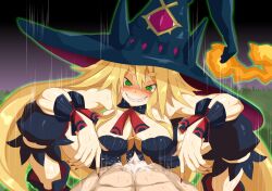 1boy 1girls blonde_hair clothed cowgirl_position dismania draining_mana energy_drain femdom green_eyes mana_drain metallia motion_lines nippon_ichi_software red_nails sex sharp_teeth straight textless the_witch_and_the_hundred_knight witch witch_hat