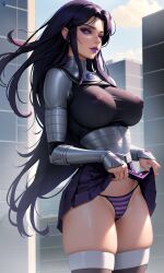 ai-chan42069 ai_generated blackfire dc large_breasts long_hair nipples_visible_through_clothing purple_eyes purple_hair purple_lipstick skirt_lift stable_diffusion striped_panties teen_titans transparent_clothing