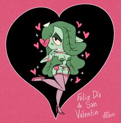 1girls 2020s 2021 20s big_ass big_breasts female female_only full_body gradilla green_body green_hair green_skin happy_valentine heart heels huge_breasts large_breasts lenceria lettuce lingerie original_character pink_heels pink_lingerie provocative simple_background small_waist solo spanish_text