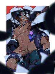 1boy abs arknights blue_hair commentary completely_nude completely_nude_male dark-skinned_male dark_skin erection ethan_(arknights) facial_hair goatee goggles goggles_on_head legs_forced_open legs_held_open male_focus male_rape_victim monster nipples pectorals penis plant_monster pointy_ears restrained seaborn_(arknights) shorts slime_(substance) sweatdrop symbol-only_commentary tentacle tentacle_on_male testicles topless_male yaowu