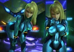 1girls 3d 3d_(artwork) alternate_breast_size ass banskinator big_ass big_breasts blonde_hair blue_eyes bodysuit breasts cleavage covered_navel erect_nipples female female_only finger_to_mouth hair_between_eyes hourglass_figure huge_breasts large_breasts leaning_forward looking_at_viewer metroid navel nintendo nipple_bulge ponytail samus_aran seductive seductive_smile sidelocks skin_tight smile solo source_filmmaker spandex split_screen urbanator zero_suit zero_suit_samus