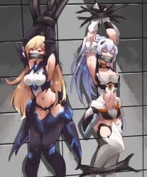 angry angry_face bakasplilzy bianka_durandal_ataegina blonde_hair bondage captured captured_heroine durandal_(honkai_impact) gag honkai_(series) honkai_impact_3rd kiana_kaslana mihoyo white_hair