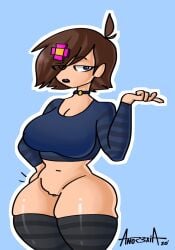 1girls anor3xia big_ass big_breasts blue_eyes brown_hair choker crop_top female female_only flower_in_hair hand_gesture hand_on_hip horny_female human_female humanoid jenny_belle_(slipperyt) light-skinned_female light_skin minecraft no_pants outside pale-skinned_female pale_skin pussy sassy small_waist solo thick_thighs thighhighs vagina watermark