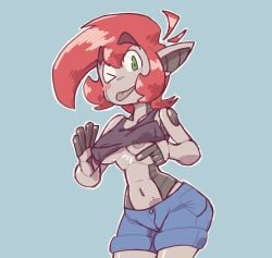 2023 areola_slip areolae blue_background blush breasts clothed clothing domobot elf_ears female female_only green_eyes navel nipple_slip nipples original original_character red_hair robot robot_girl short_hair shorts solo solo_female sports_bra tongue tongue_out wink