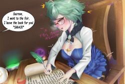 big_breasts blush book dialogue dress excited genshin_impact glasses green_hair horny mango_artz mind_break sucrose_(genshin_impact) text wet wet_breasts wet_skin writing