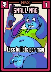 anthro apis bottomless clothed clothing friends_vs_friends game_card genitals gun hi_res lagomorph leporid male male_only mammal overweight overweight_male penis penis_shrinking rabbit ranged_weapon small_penis small_penis_humiliation solo source_request trading_card weapon