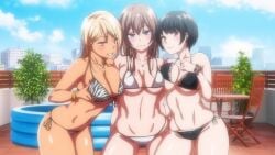 3girls accurate_art_style anime_screencap ass black_hair blonde_hair blue_eyes breasts brown_eyes brown_hair bunnywalker dark-skinned_female gyaru hips large_breasts light-skinned_female looking_at_viewer medium_hair midriff ova purple_eyes screencap screenshot swimsuit t-rex_(animation_studio) t-rex_(company) thick_thighs thighs tummy uchi_no_otouto_maji_de_dekain_dakedo_mi_ni_konai? wide_hips