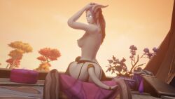 1girls 3d alliance_female arms_up ass blue_eyes blue_hair breasts cyana_(draenei) draenei female female_only fishnets from_behind hooves light_skin looking_at_partner looking_back morilymory naked nude original_character outside pale_skin ponytail seductive sideboob sitting sunset tail white_skin world_of_warcraft