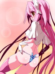 bottomless female female_focus female_only gloves goddess hands_on_hips long_hair looking_back madoka_kaname magical_girl mahou_shoujo_madoka_magica medium_breasts miuku_(marine_sapphire) pink_eyes pink_hair puella_magi_madoka_magica ribbon ribbons sapphire) seductive solo solo_female solo_focus thighhighs thong ultimate_madoka white_gloves white_outfit white_ribbon