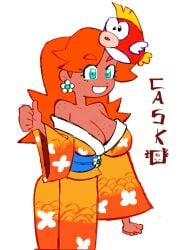 big_breasts blue_eyes cleavage dark-skinned_female dark_skin dream_casko earrings female freckles freckles_on_breasts japanese_text kimono large_breasts mario_(series) mario_kart mario_kart_tour nintendo orange_hair princess_daisy smile