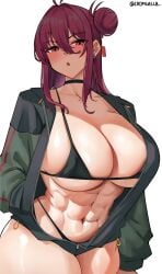 1girls abs big_breasts big_thighs bikini blue_archive blush breasts busty choker cromwellb curvy female hair_bun huge_breasts huge_thighs large_breasts large_thighs mole mole_under_eye muscular muscular_female navel reijo_(blue_archive) thick_thighs thighs voluptuous