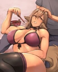 1boy 1girls 2018 animal_ears bare_arms bikini breasts brown_eyes brown_hair cleavage clothed clothing collar dog_ears dog_girl dog_girl_(pepe_(jonasan)) dog_tail eating female female_focus food front-tie_bikini hair_between_eyes head_pat holding_food large_breasts looking_at_another lying male muscles on_back original pampering pants partial_male pepe_(jonasan) purple_bikini shirt simple_background sitting smile snack tail teeth thick_thighs thighhighs thighs toned toned_female wholesome