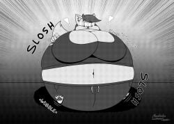 anthro big_breasts blueberry_inflation breasts cleavage english english_text female from_front_position front_view full_body full_body_inflation furry grey_background greyscale huge_breasts inflation looking_down macchiatolemeow monochrome motion_lines navel open_mouth paws signature simple_background solo sound_effects spherical_inflation sunken_head sunken_limbs sweatpants tagme text transformation watermark