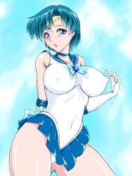 ami_mizuno bishoujo_senshi_sailor_moon clothing covered_navel covered_nipples covering erect_nipples erect_nipples_under_clothes female huge_ass huge_breasts leotard marubayashi_shumaru medium_breasts revealing_clothes sailor_mercury skirt thick_thighs wide_hips