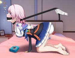 1girls arms_behind_back ass barefoot bed bent_over blush bondage camera disembodied_hand female gag honkai:_star_rail honkai_(series) kneeling leash march_7th_(honkai:_star_rail) meow_sama mihoyo panties pink_hair upskirt white_panties