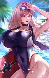 1girls absurd_res arm_up armpit beach big_breasts blonde_hair blush breasts cleavage eyebrows_visible_through_hair female female_only goddess_of_victory:_nikke goggles goggles_on_head hair_intakes holding_object karma3009 light-skinned_female light_skin looking_at_viewer multicolored_swimsuit ocean official_alternate_costume one-piece_swimsuit open_mouth rapi_(classic_vacation)_(nikke) rapi_(nikke) red_eyes solo surfboard swimsuit thighs towel towel_around_neck wet wet_clothes wet_skin