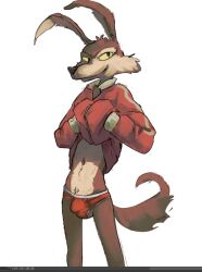 anthro bulge canid canine canis clothed clothing coyote furry hand_in_pocket looney_tunes male mammal mindkog pockets raised_clothing simple_background solo tagme underwear warner_brothers white_background wile_e._coyote