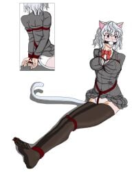 1girls ball_gag bondage cat_ears crotch_rope fangs female female_only gag hunter_x_hunter neferpitou rope_bondage solo thumbs_tied white_ball_gag white_hair