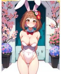 1girls ai_generated big_breasts brown_eyes brown_hair bunnysuit clothing easter female female_only flower headband hourglass_figure light-skinned_female light_skin looking_at_viewer my_hero_academia ochako_uraraka playboy_bunny rabbit_headband short_hair voluptuous voluptuous_female winnie_kuma