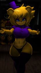 1boy 1girls 3d 3d_(artwork) background_character big_breasts black_legwear blue_eyes breasts cally3d clazzey cryptiacurves curvy fazclaire's_nightclub female female_focus five_nights_at_freddy's five_nights_at_freddy's_4 fnaf freckles freddy_(fnaf) fredina's_nightclub fredina_(cally3d) frenni_(cryptia) frenni_fazclaire hat hi_res hourglass_figure looking_at_viewer ncoughar nightmare_fredbear_(fnaf) rule_63 scottgames smile thick_thighs thighhighs voluptuous wide_hips