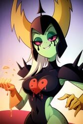 2023 ai_generated alien alien_girl atmospheric breast breasts cartoony disney female green_skin lord_dominator red_eyes smile solo stable_diffusion wander_over_yonder white_hair