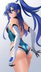 1girls absurdres ass bare_shoulders blue_hair blue_leotard breasts commentary_request elbow_gloves eyes_visible_through_hair from_behind gloves gradient_background hair_between_eyes hair_ornament highres kazanari_tsubasa leotard lips long_hair looking_back medium_breasts nyanmaru purple_eyes senki_zesshou_symphogear side_ponytail skindentation solo sweat wedgie