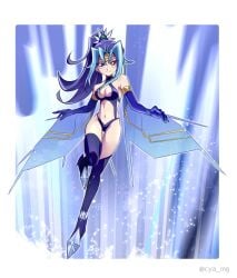 1girls alternate_costume armwear blue_hair bra cosplay cya_mg female gloves highres kamishiro_rio legwear looking_at_viewer medium_breasts navel original ponytail red_eyes rio_kamishiro smile solo underwear yu-gi-oh! yu-gi-oh!_zexal