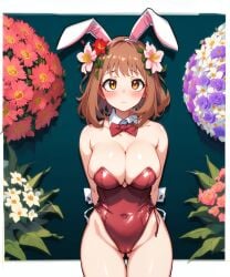 1girls ai_generated big_breasts brown_eyes brown_hair bunnysuit clothing easter female female_only flower headband hourglass_figure light-skinned_female light_skin looking_at_viewer my_hero_academia ochako_uraraka playboy_bunny rabbit_headband short_hair voluptuous voluptuous_female winnie_kuma