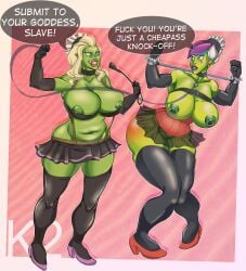 2girls big_ass big_breasts blizzard_entertainment bondage chogori collar green_skin huge_breasts leash miniskirt multiple_girls nipple_piercing nipple_rings orc orc_(warcraft) orc_female original_character short_hair thick_thighs thighhighs vem warcraft white_hair wide_hips world_of_warcraft