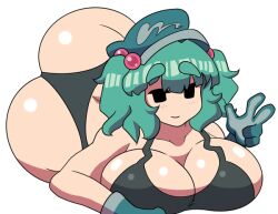 1girls ass big_breasts blush borrowed_character borrowed_design cleavage cyan_hair dat_ass gloves hat laying_down nitori_kawashiro nono_(notnoe) peace_sign sazanami_breaker sideboob smile tank_top thick_thighs thong touhou white_background