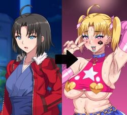 armpit_stubble armpits before_and_after bimbofication brain_drain brainwashing breast_expansion condom_hair_ornament darkness_chaicha female hair_color_change huge_breasts kara_no_kyoukai plump queen_of_spades revealing_clothes ryougi_shiki transformation weight_gain