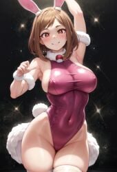 1girls ai_generated big_breasts brown_eyes brown_hair bunnysuit clothing female female_only headband hourglass_figure light-skinned_female light_skin looking_at_viewer my_hero_academia ochako_uraraka patton playboy_bunny rabbit_headband short_hair voluptuous voluptuous_female