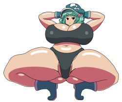 1girls ass big_breasts boots borrowed_character borrowed_design cleavage crouching cyan_hair gloves hands_behind_head hat light-skinned_female nitori_kawashiro nono_(notnoe) sazanami_breaker tank_top thick_ass thick_thighs thong touhou white_background